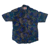 Vintage 90s green blue purple abstract crazy print soft rayon retro party short sleeve shirt size me